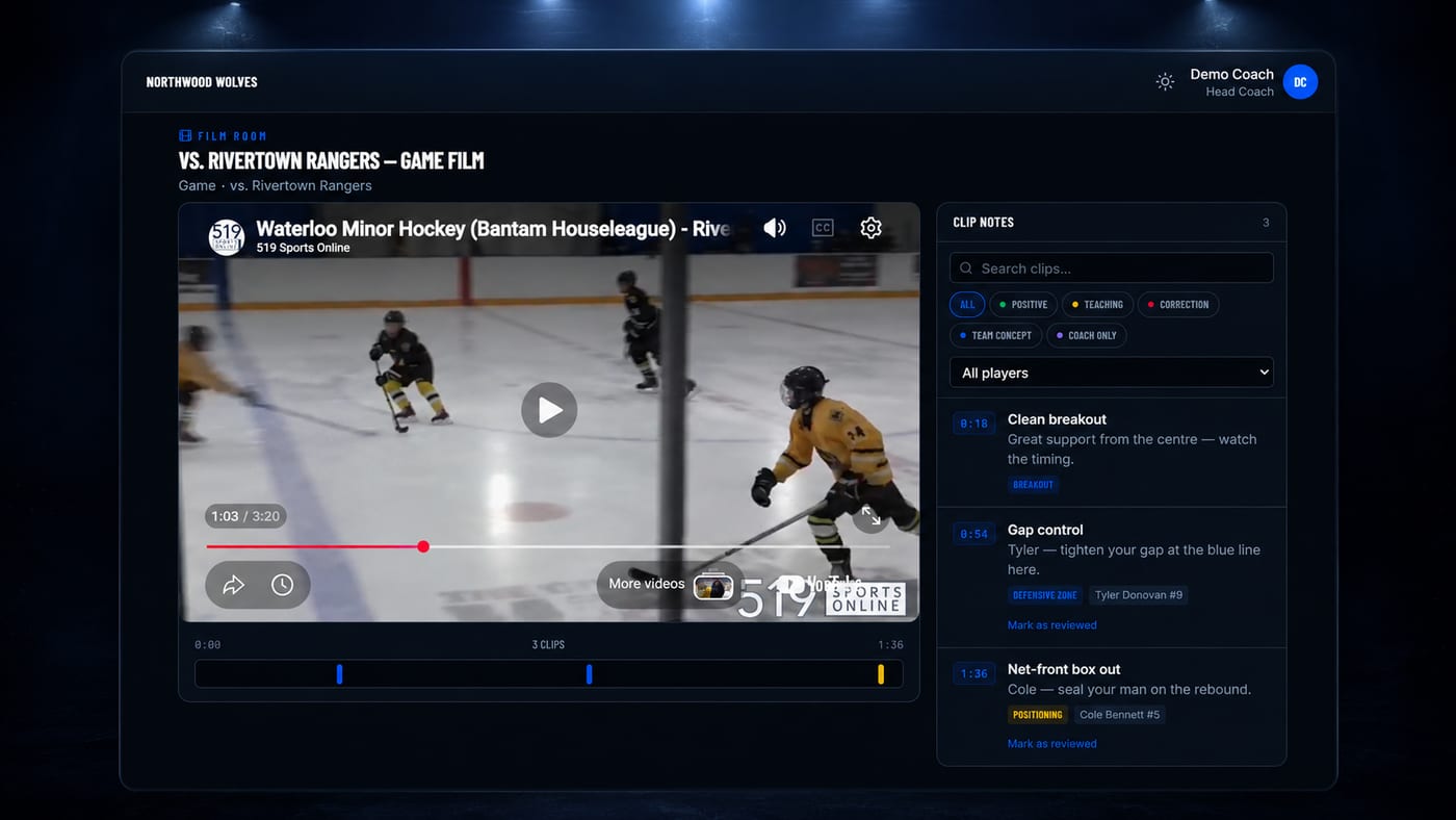 TeamDock film room — video review with timestamped coaching notes